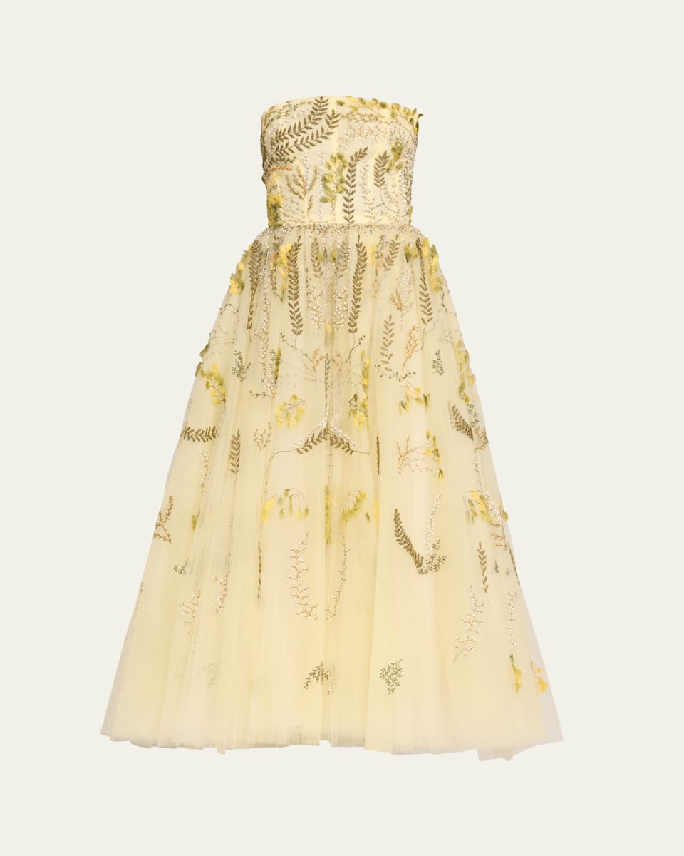 Floral Embroidered Strapless Tulle Dress